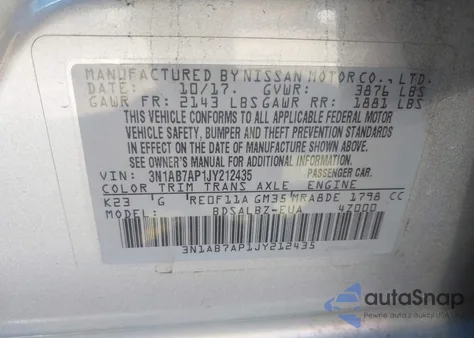 2018 Nissan Sentra S z USA, uszkodzony, nr VIN 3N1AB7AP1JY212435